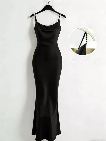 Lined Pearl Strap Cowl Neck Satin Maxi Dress in Black
