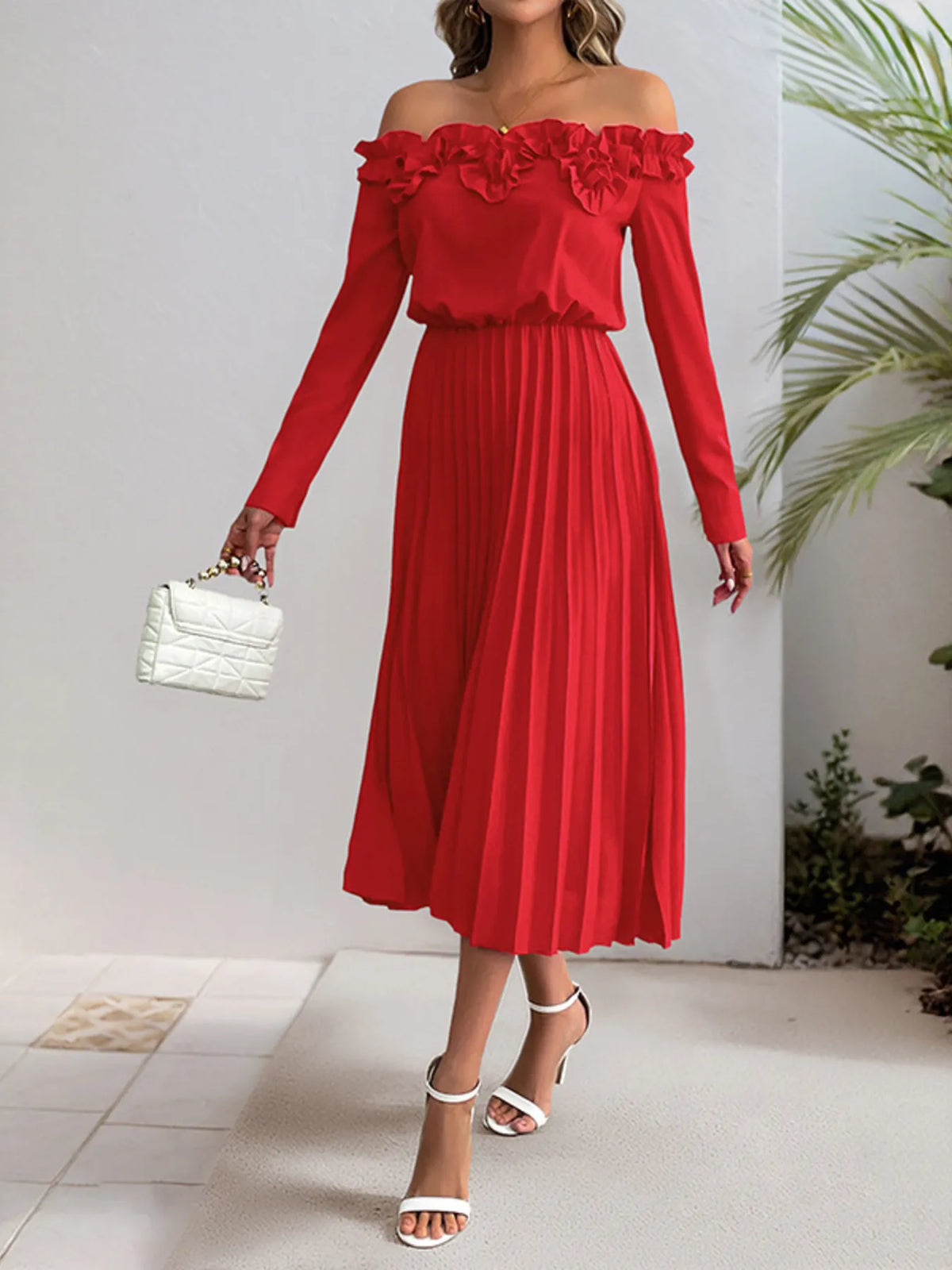 Off-Shoulder Ruffle Pleated Midi Dress – photo 2
