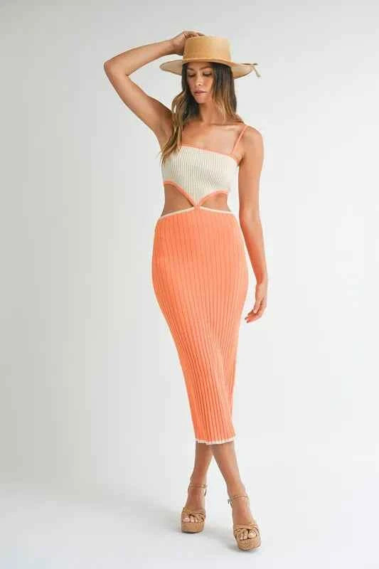 MABLE Ribbed Knit Color Block Cutout Midi Dress