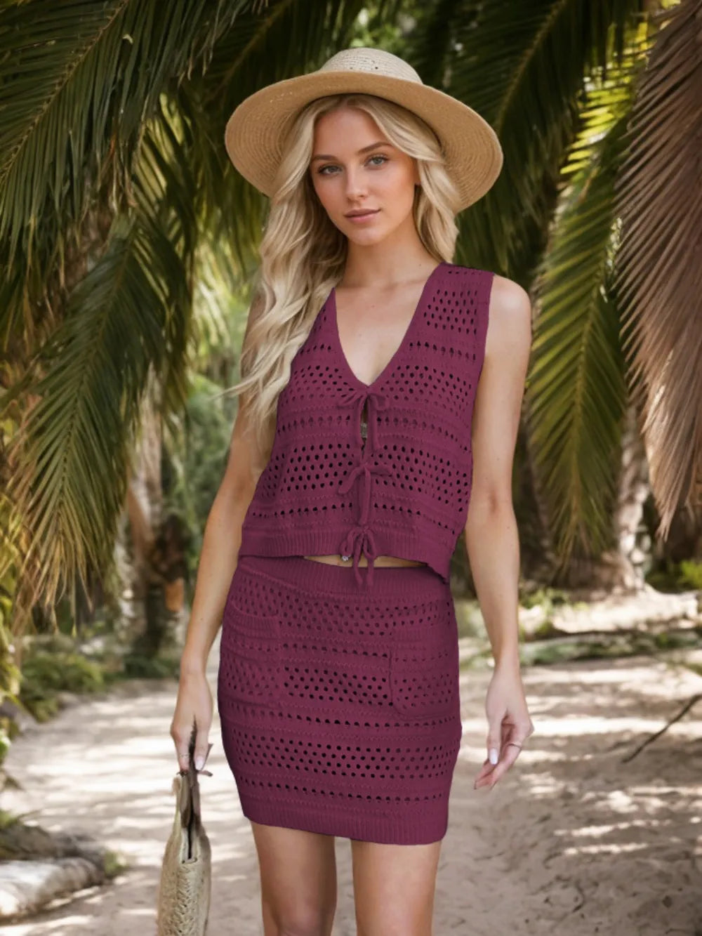 Openwork V-Neck Top and Skirt Knit Cover Up Set closeup — Livostyle