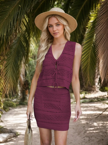 Openwork V-Neck Top and Skirt Knit Cover Up Set closeup — Livostyle