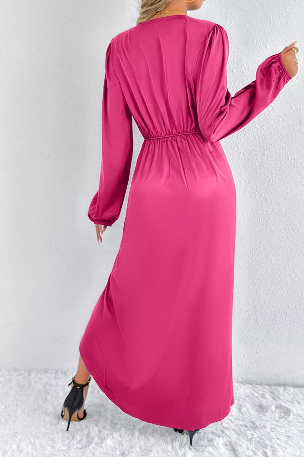 Satin Balloon Sleeve Midi Dress with Slit – photo 9