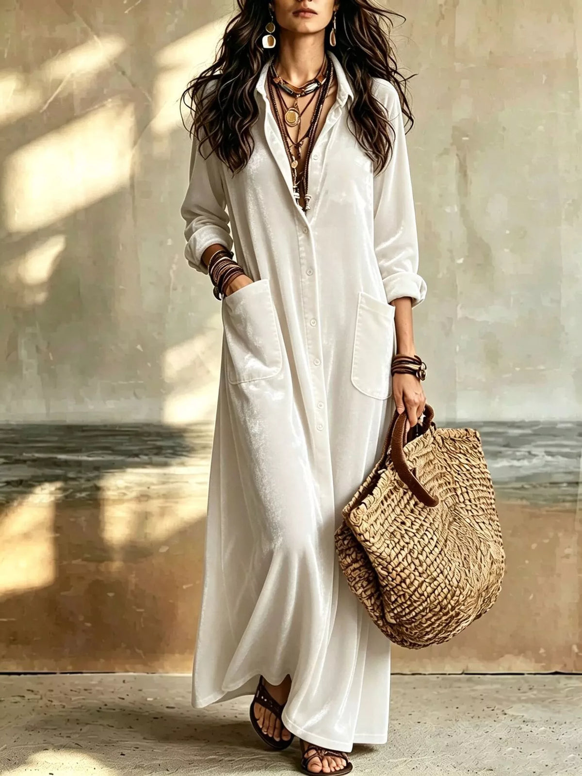 Velvet Button-Down Maxi Dress with Pockets in White