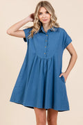 Twill Short Sleeve Collared Mini Dress — Livostyle
