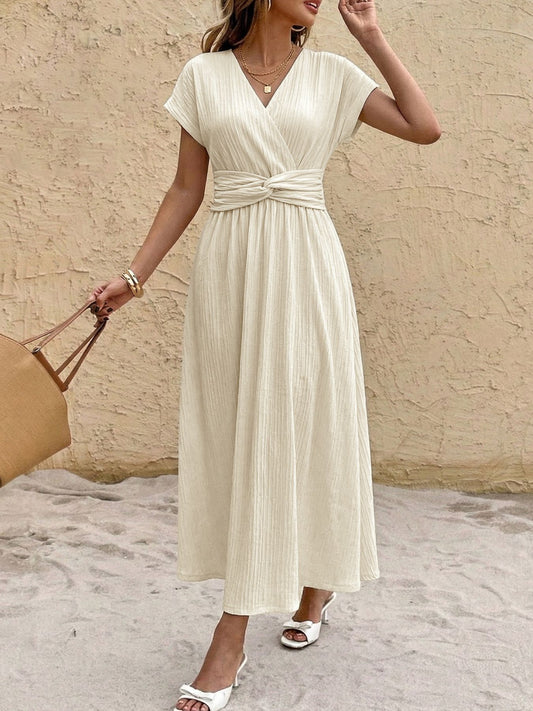 Surplice Neck Short Sleeve Midi Dress in Beige