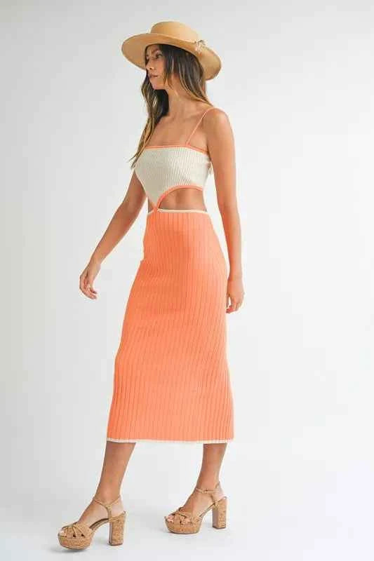 MABLE Ribbed Knit Color Block Cutout Midi Dress