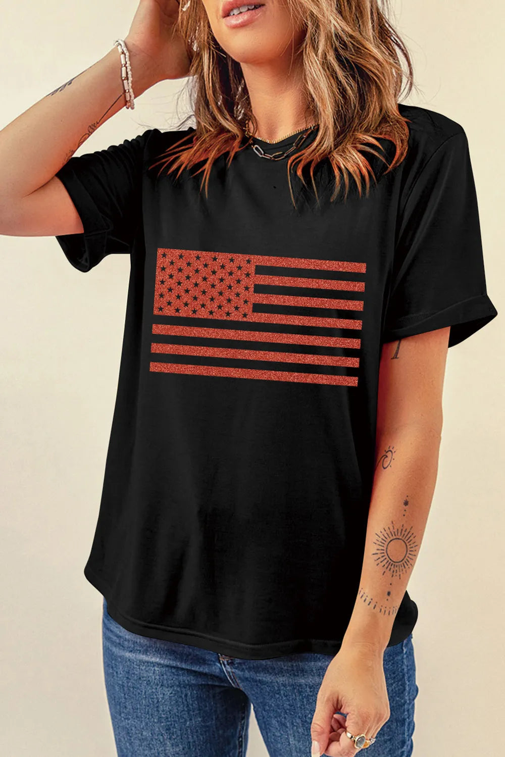 US Flag Round Neck Short Sleeve T-Shirt back view — Livostyle