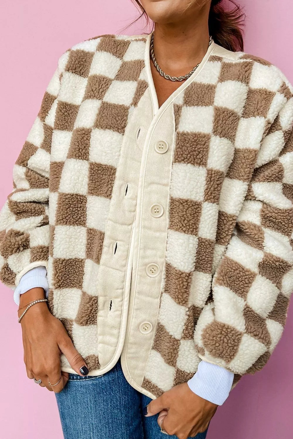 Checkered Sherpa Oversized Button Up Jacket back view — Livostyle