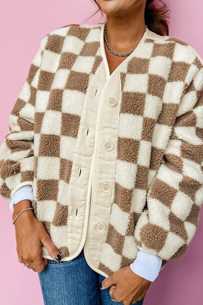 Checkered Sherpa Oversized Button Up Jacket back view — Livostyle