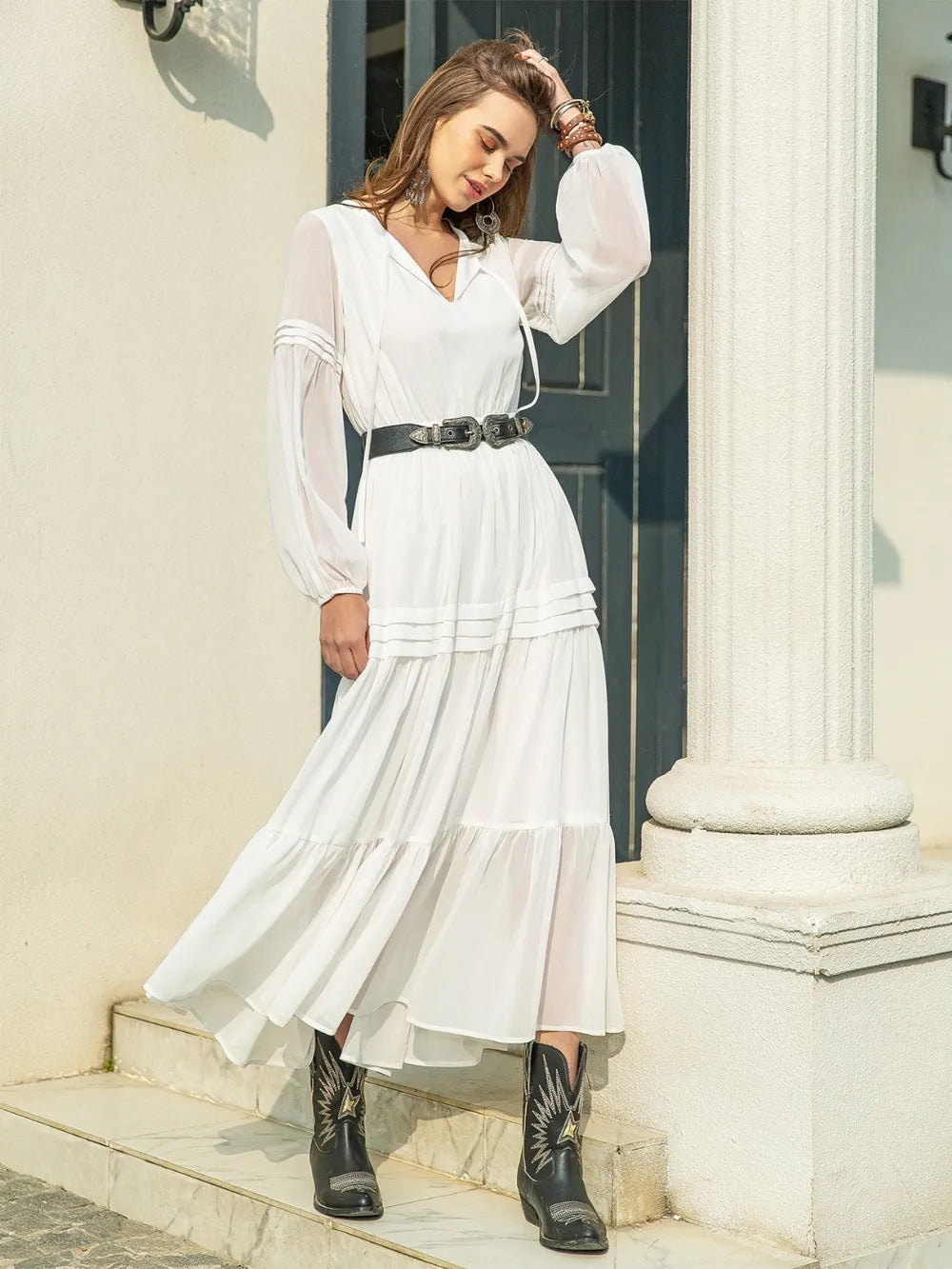 Tie Neck Long Sleeve Tiered Midi Dress in White