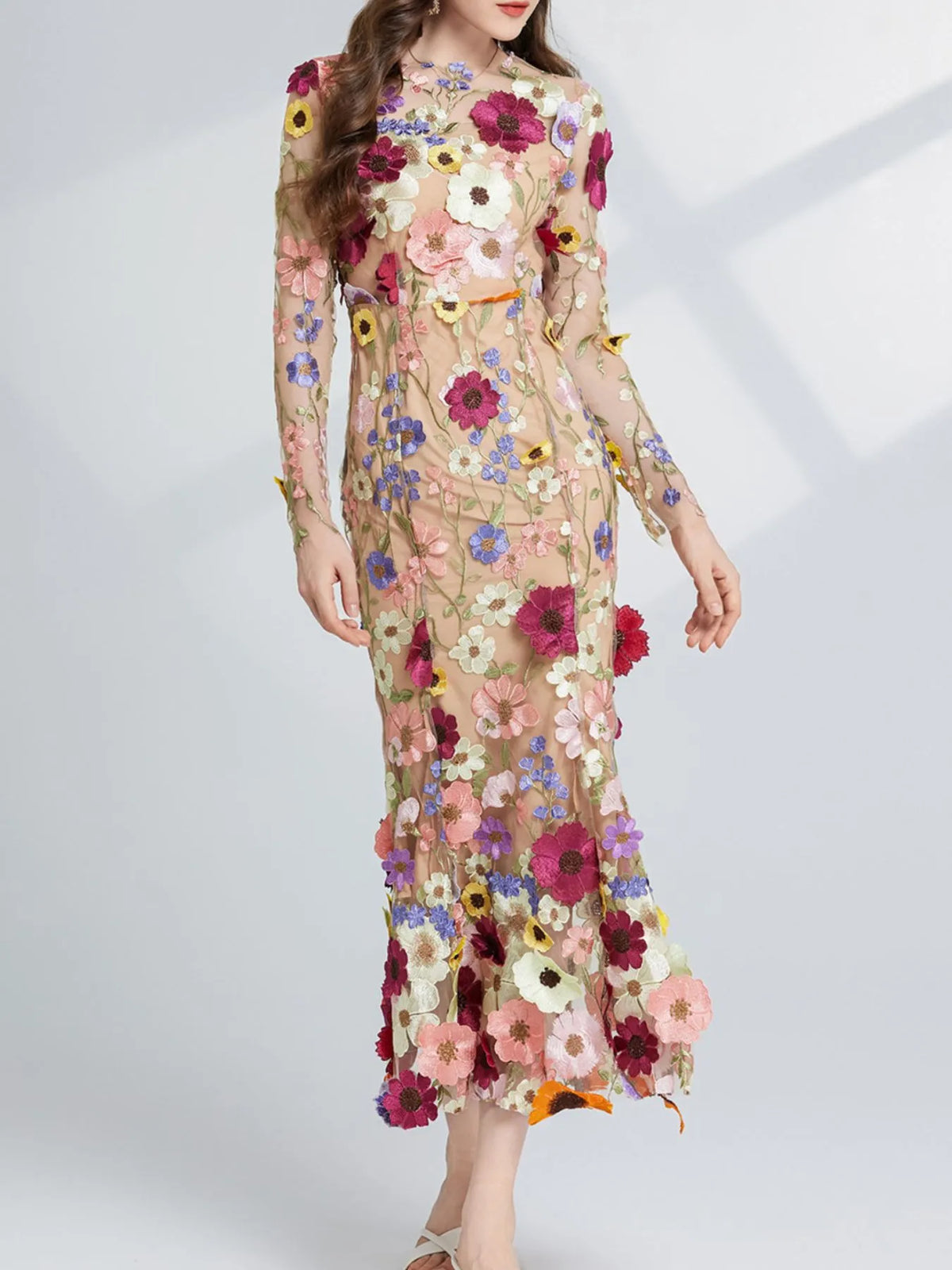 Floral Embroidered Mesh Long Sleeve Tiered Midi Dress in Apricot