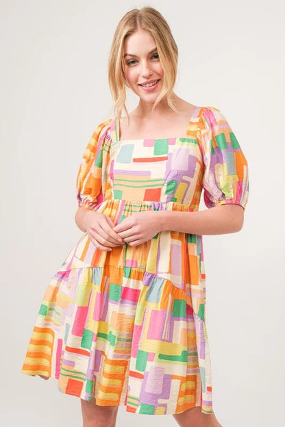Chic Square Neck Geo Print Mini Dress with Puff Sleeves — Livostyle