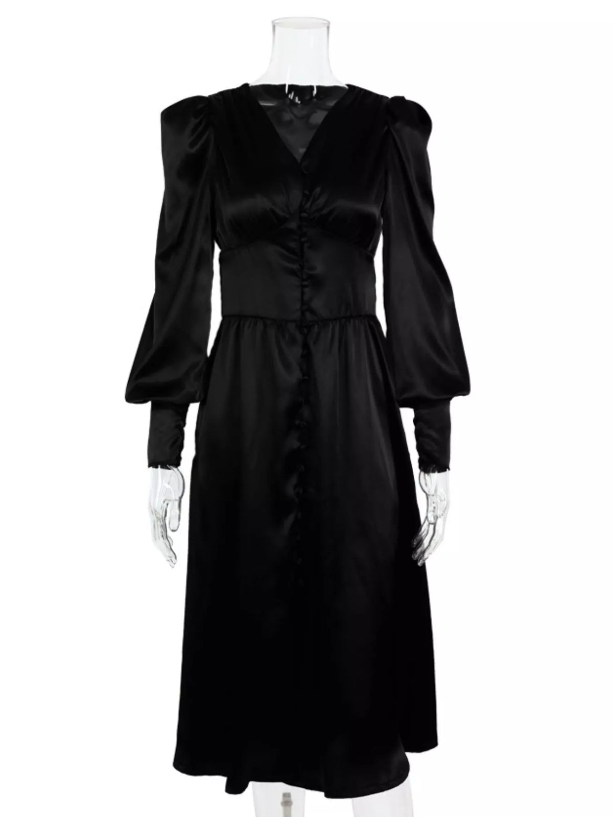 V-Neck Puff Sleeve Button-Down Midi Dress – photo 12