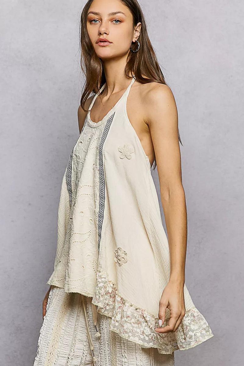 Lace Ruffle Halter Neck Double Gauze Top with Crochet Patch styling — Livostyle