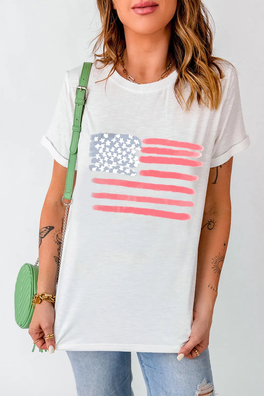 Relaxed US Flag Round Neck Short Sleeve T-Shirt in White