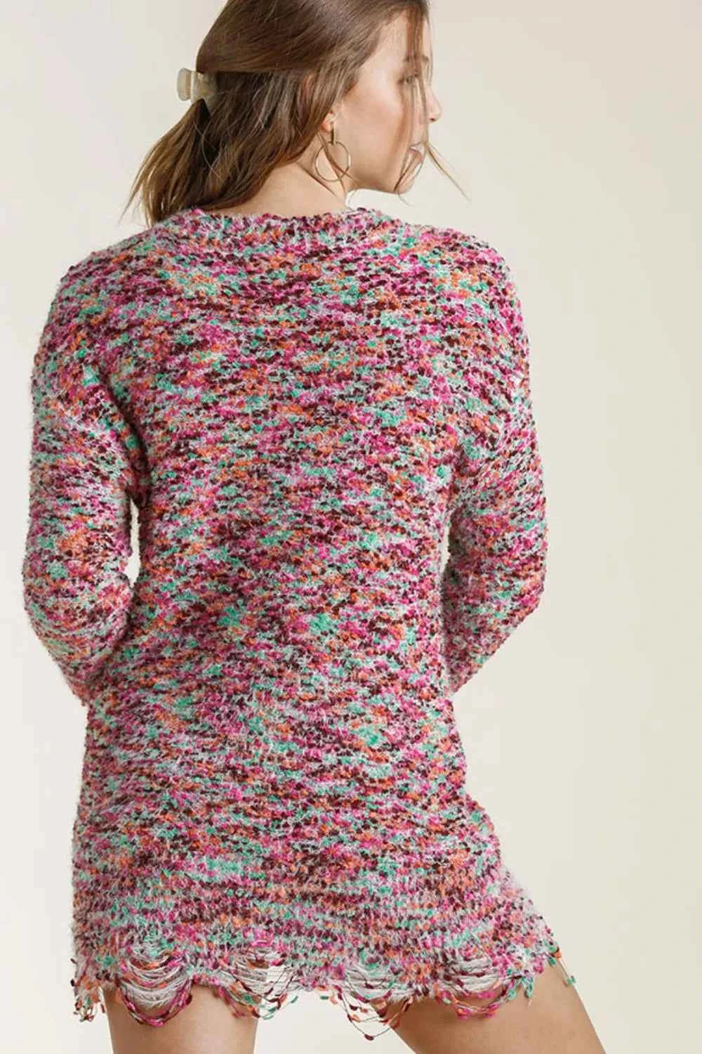 Umgee Full Size Distressed Hem Multicolored Round Neck Knit Tunic Dress Plus Size