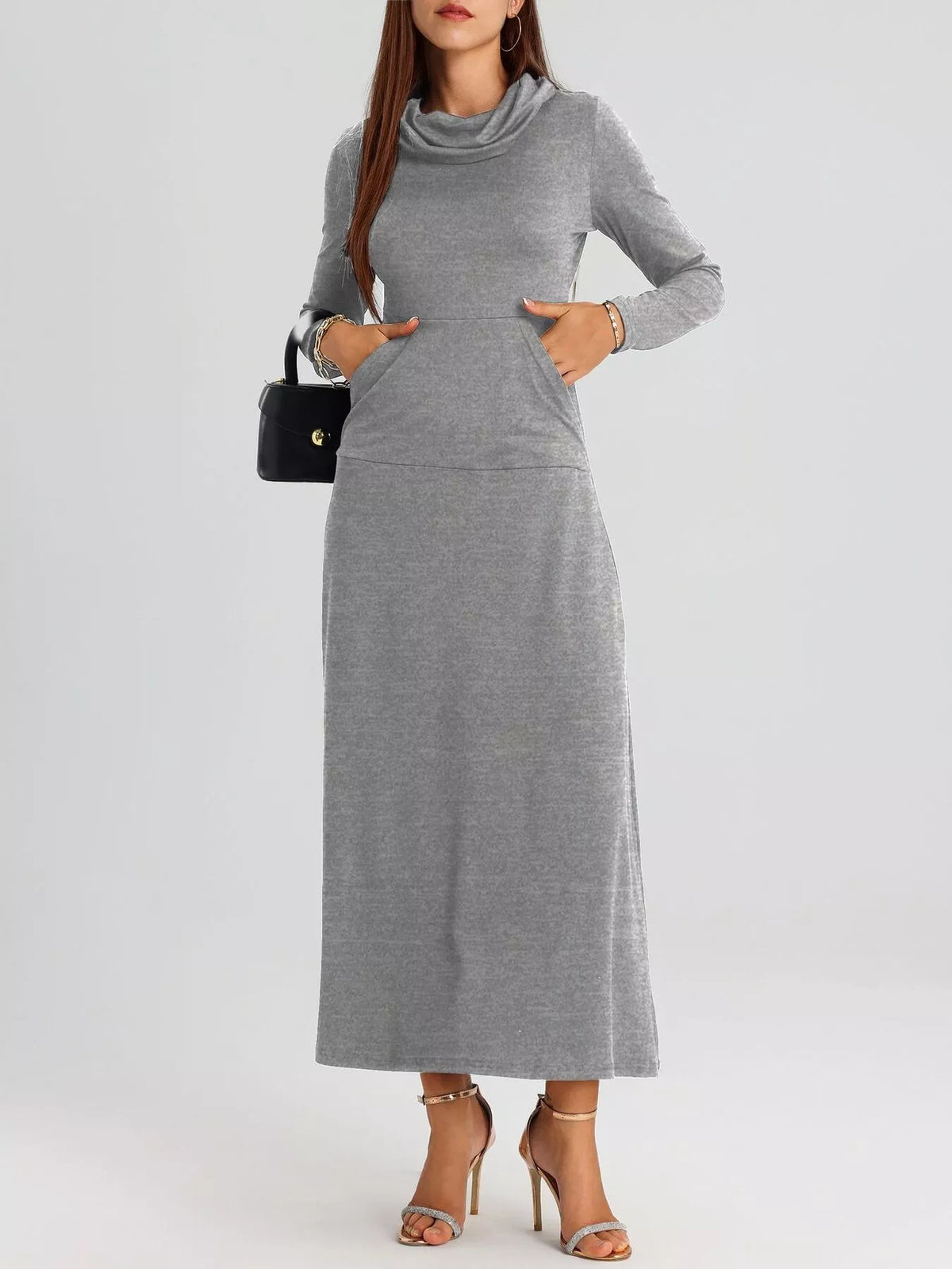 Cowl Neck Long Sleeve Midi Dress with Pockets