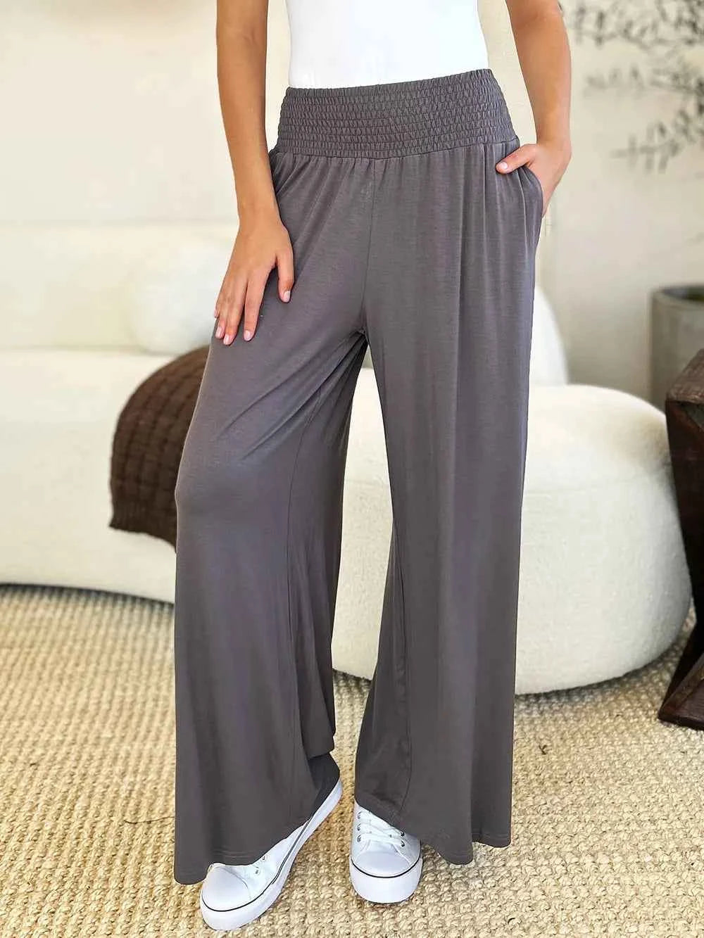 Smocked Wide Waistband Wide Leg Pants — Livostyle