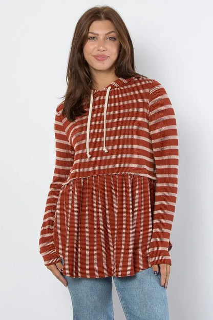 Striped Babydoll Hoodie with Drawstring Waist in Rust
