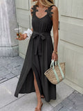 Lace Trim Tie-Detail Slit Maxi Dress in Black