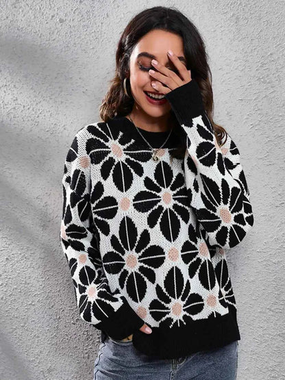 Floral Round Neck Long Sleeve Sweater — Livostyle