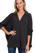 Airflow Collar Tee with Smocked Sleeve Band Top in BLACK