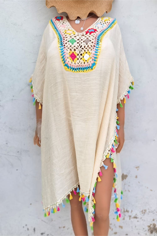 Embroidered V-Neck Tassel Midi Dress with Dolman Sleeves in Beige