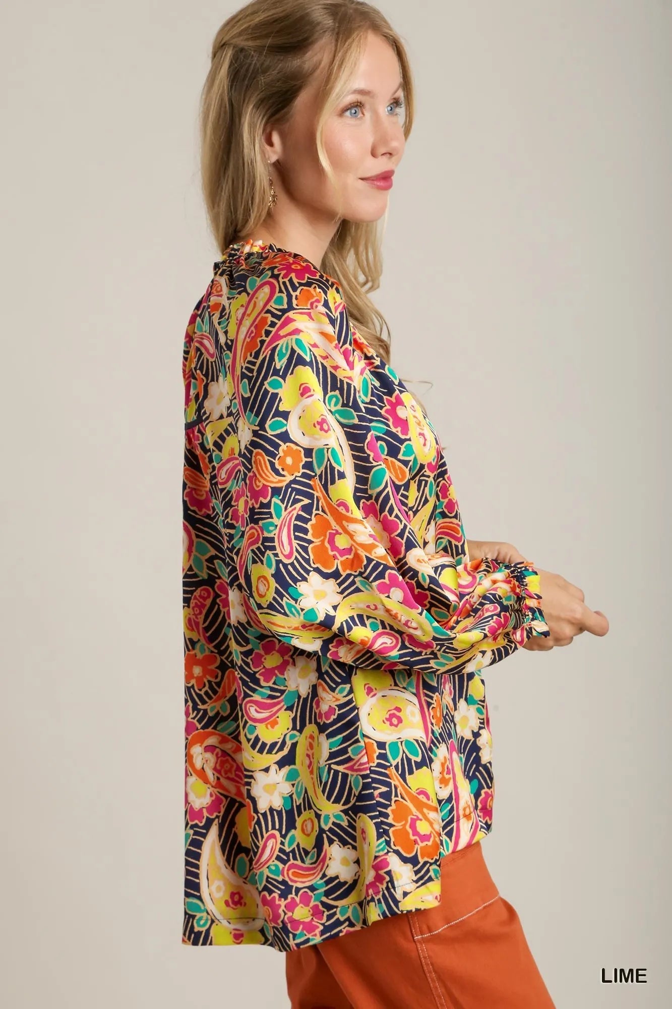 Full Size Satin Paisley Ruffle Neck Button-Up Shirt Plus Size back view — Livostyle