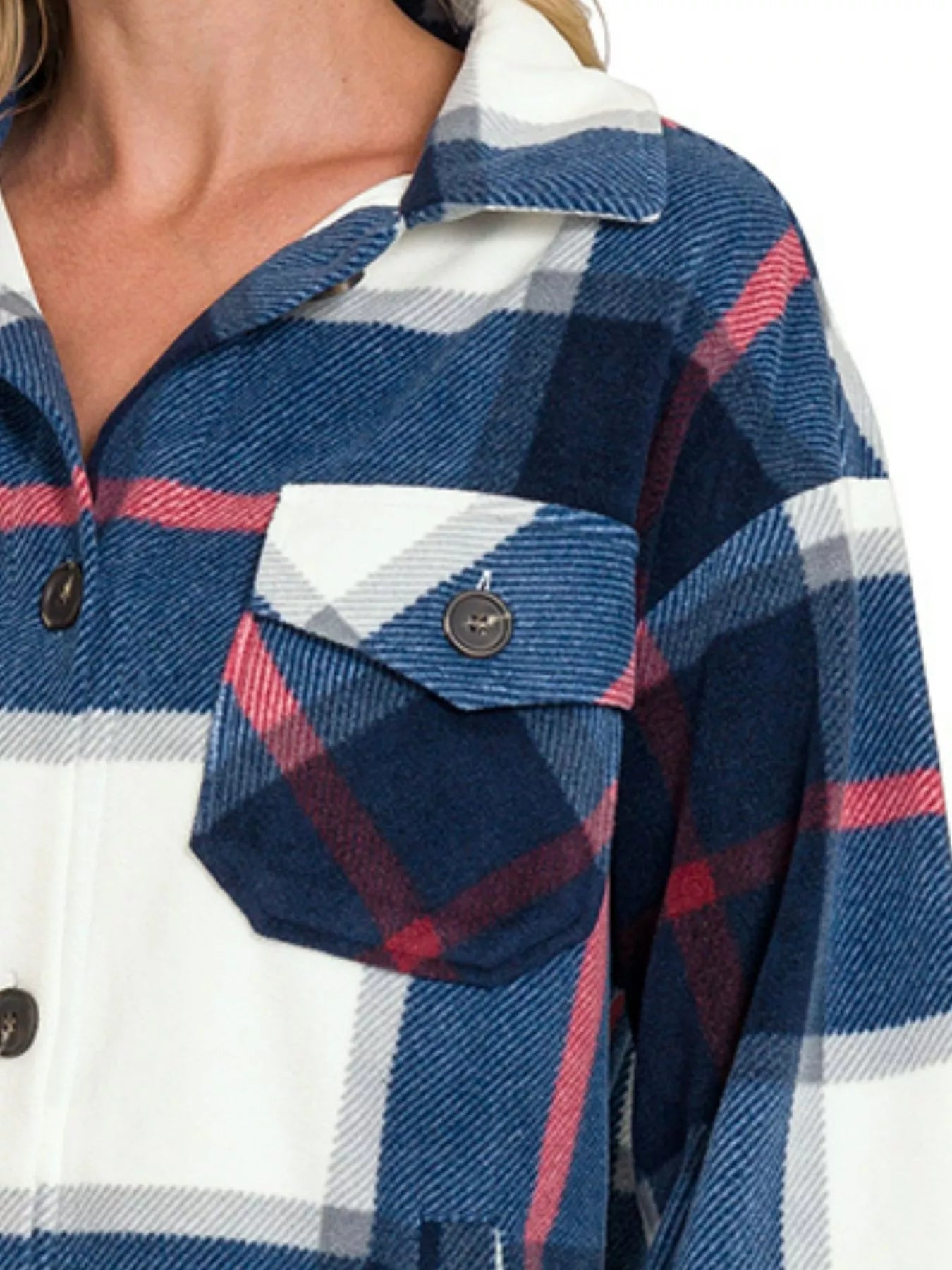 Oversized Plaid Fleece Shacket back view — Livostyle