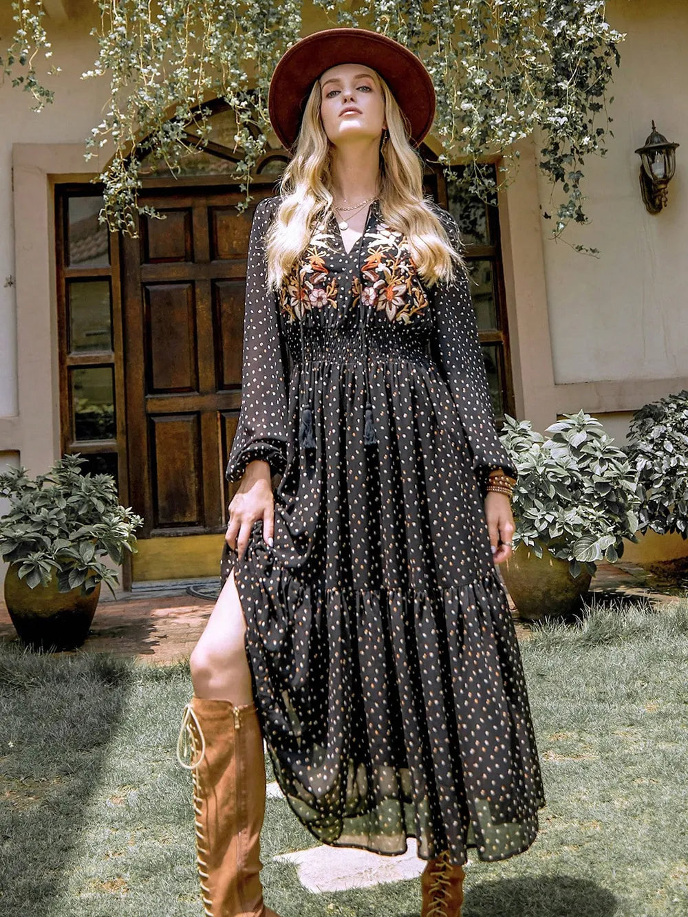 Embroidered Polka Dot Tie Neck Long Sleeve Midi Dress in Black