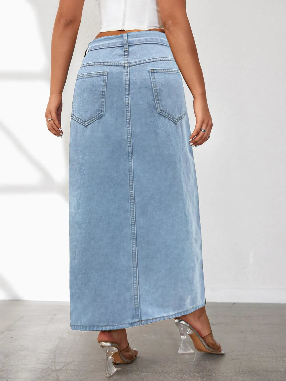 High Rise Slit Denim Skirt closeup — Livostyle