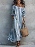 Off-Shoulder Striped Maxi Dress with Pockets in Light Blue