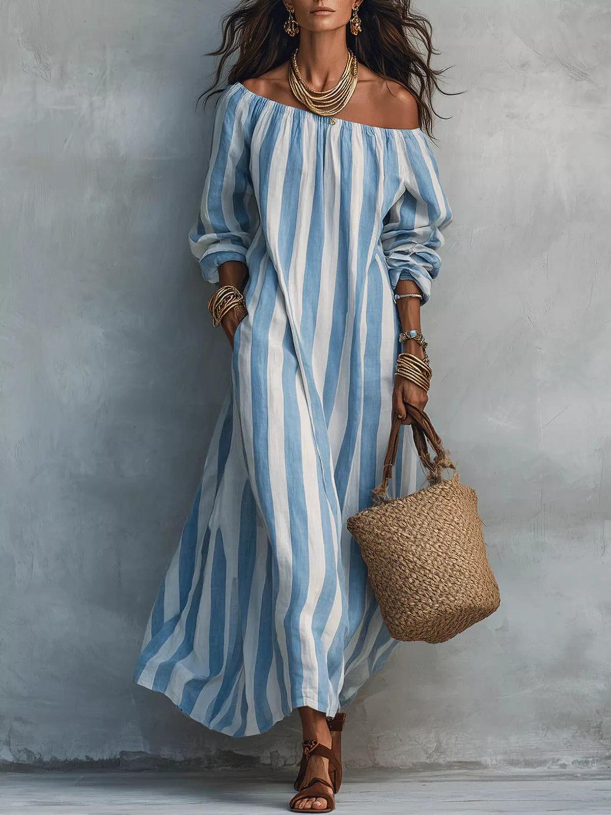 Off-Shoulder Striped Maxi Dress with Pockets in Light Blue