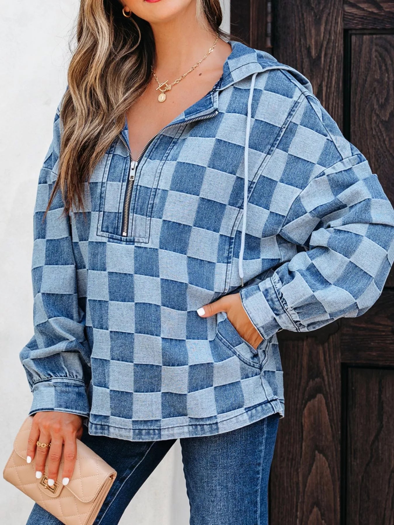 Checkered Half Zip Denim Hoodie Top detail — Livostyle
