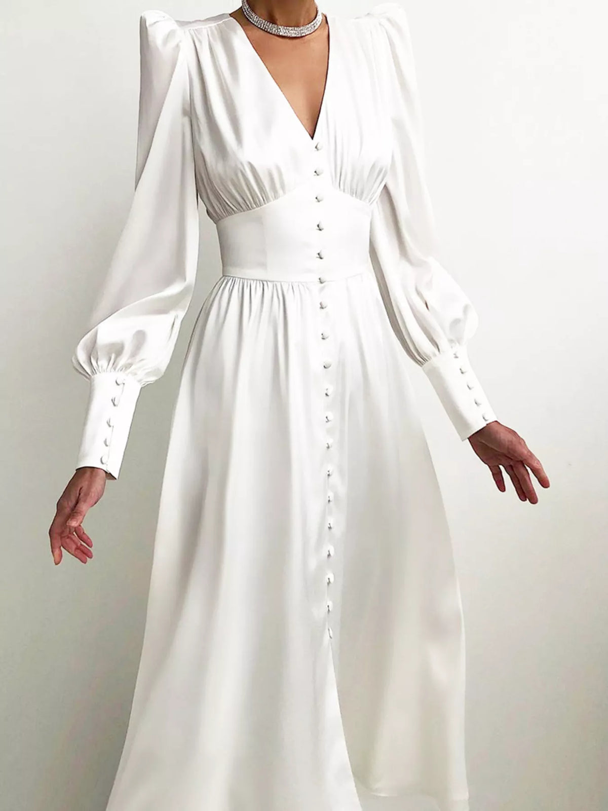 V-Neck Puff Sleeve Button-Down Midi Dress – photo 2