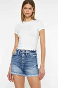 Button Fly High Rise Raw Hem Denim Shorts in Medium