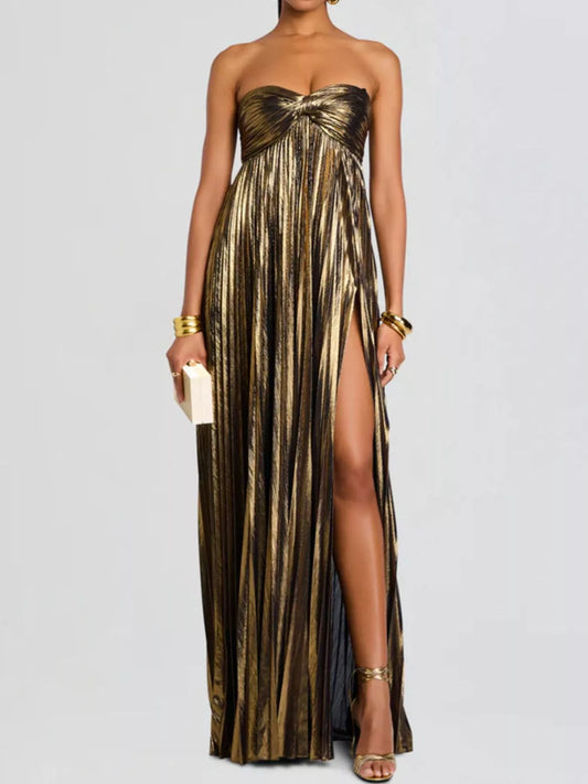 Split Sweetheart Neck Tube Maxi Dress in Khaki