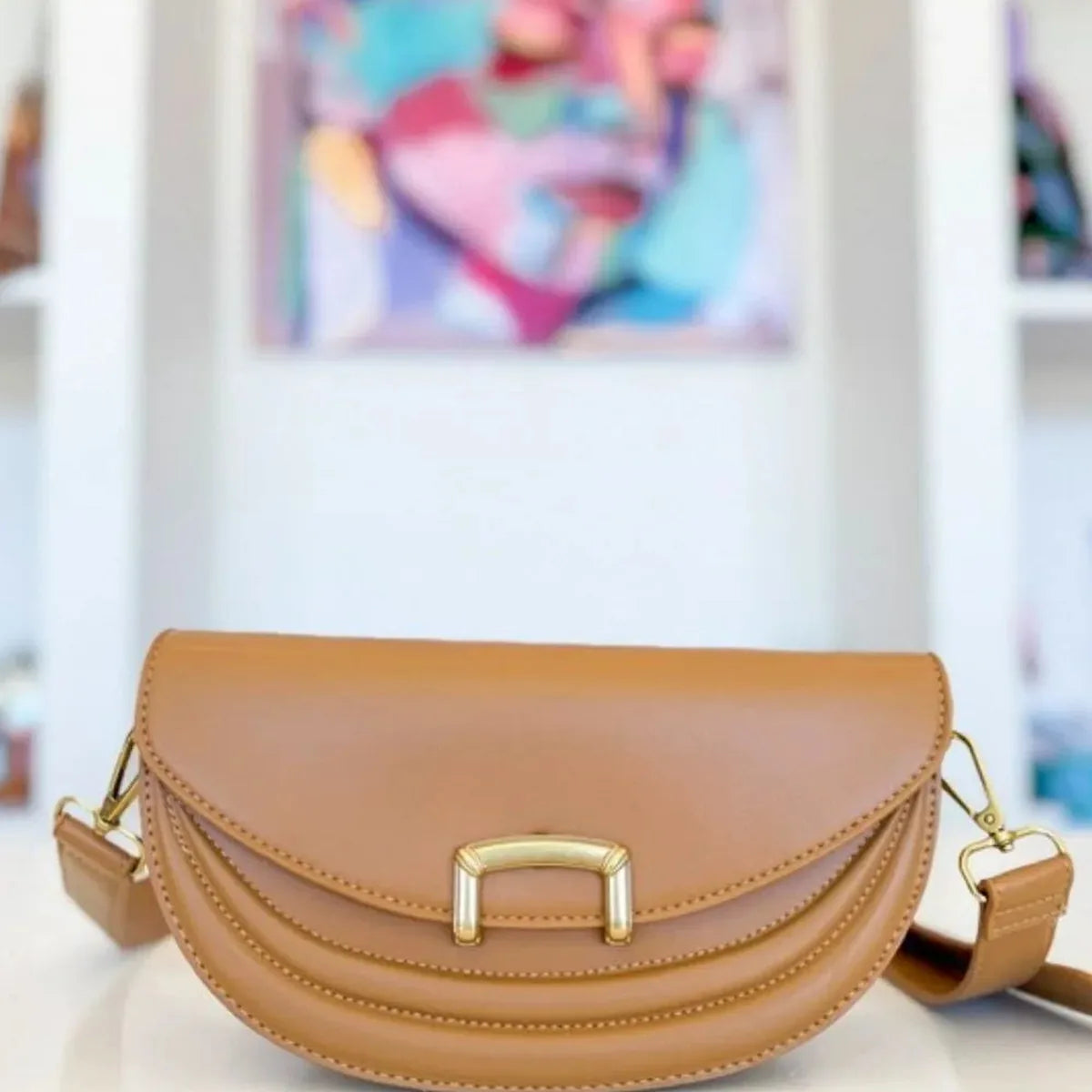 Buckle Closure Crescent Faux Leather Crossbody Bag — square view — Livostyle