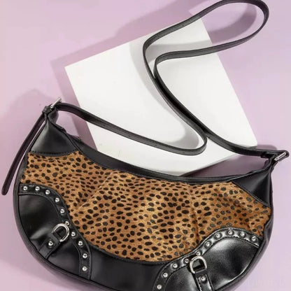Dark Spotted Leopard Print Half Moon Shoulder Bag — square view — Livostyle