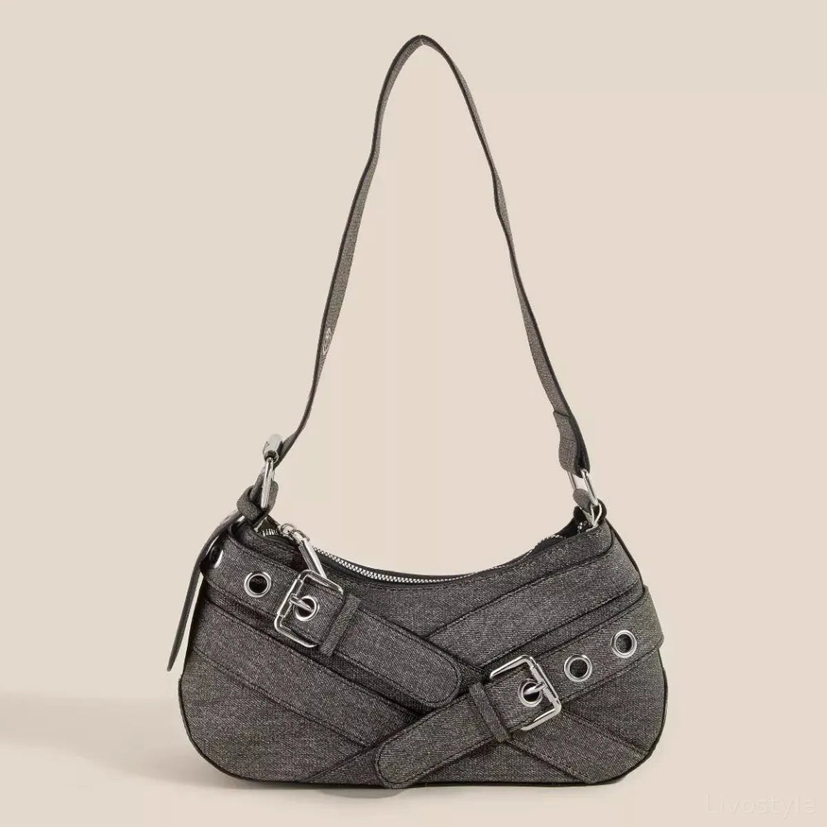 Denim Belt Accent Shoulder Bag — square view — Livostyle