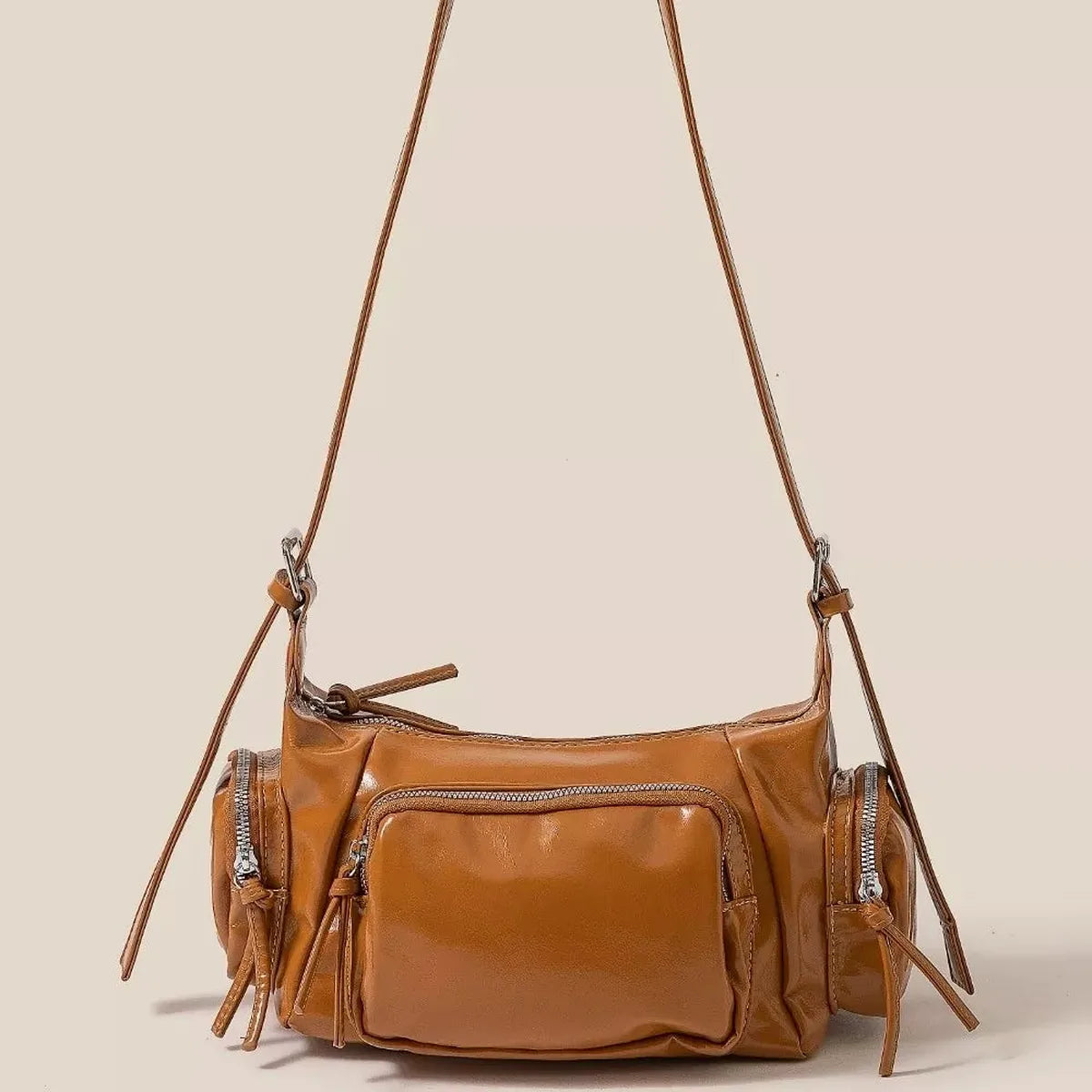 Glossy Faux Leather Multi Pocket Hand Bag — square view — Livostyle