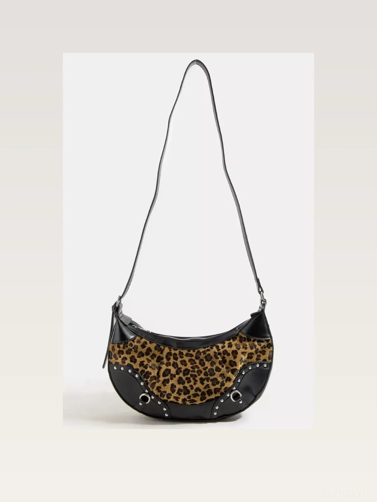 Leopard Print Half Moon Shoulder Bag in Black — styled showcase — Livostyle