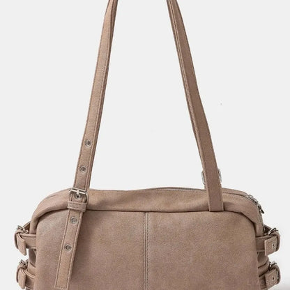 Multi Grommet Belt Strap Rustic Rectangular Hand Bag in Khak — square view — Livostyle