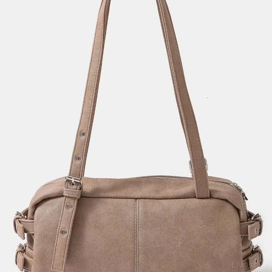 Multi Grommet Belt Strap Rustic Rectangular Hand Bag in Khak — square view — Livostyle
