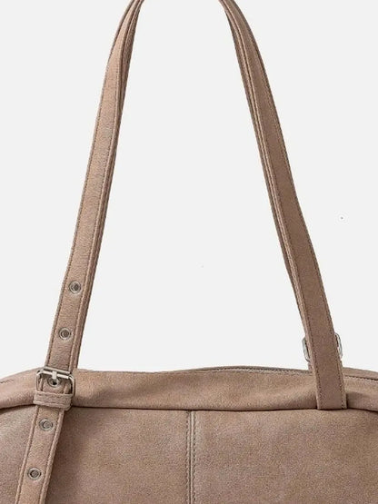 Multi Grommet Belt Strap Rustic Rectangular Hand Bag in Khak — detail view — Livostyle