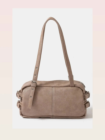 Multi Grommet Belt Strap Rustic Rectangular Hand Bag in Khak — styled showcase — Livostyle