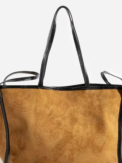 Suede Tote Faux Leather Trim Shoulder Strap — detail view — Livostyle