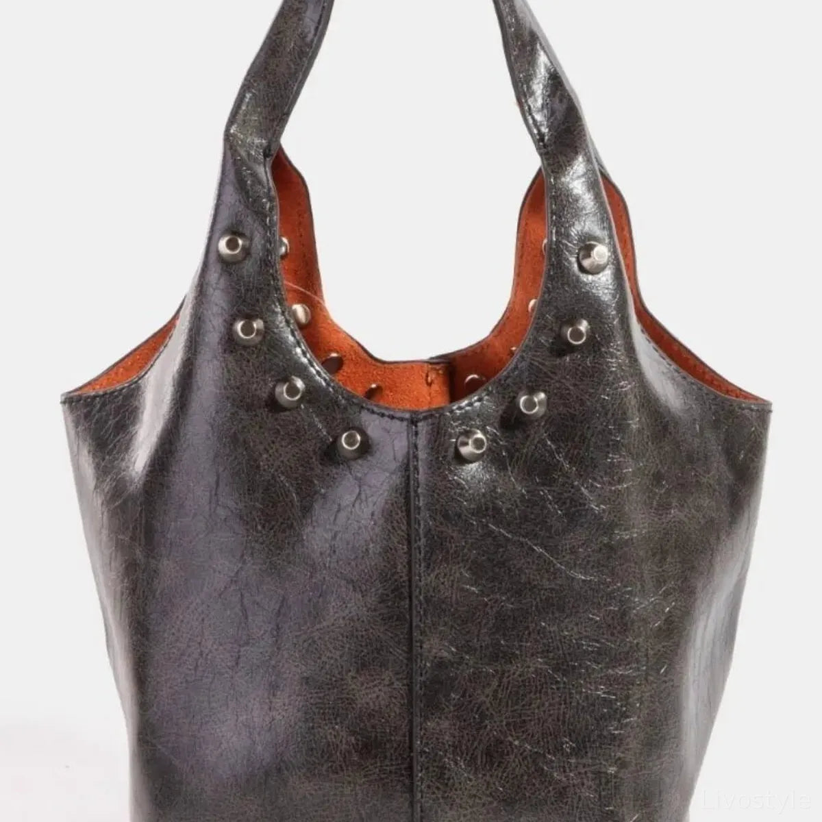 Weathered Faux Leather And Studs Bucket Bag — square view — Livostyle