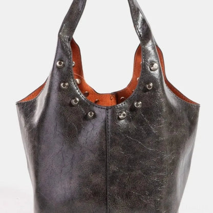 Weathered Faux Leather And Studs Bucket Bag — square view — Livostyle