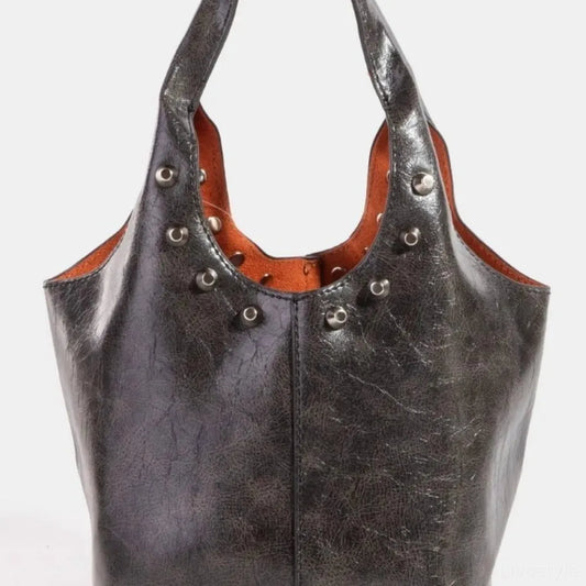 Weathered Faux Leather And Studs Bucket Bag — square view — Livostyle